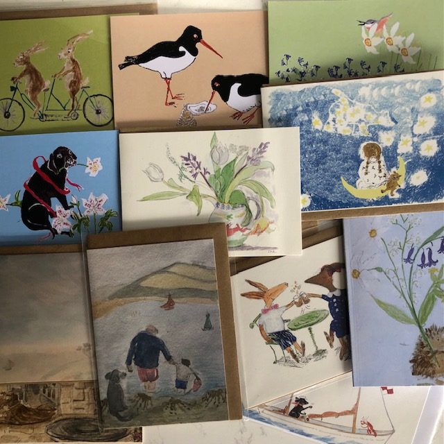 a selection of Sal's newest greetings cards of animals and the odd human enjoying the wonders of nature in the great outdoors. Heartwarming in style
